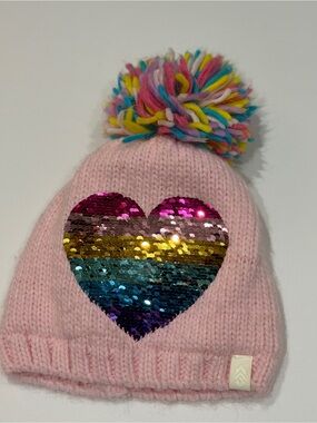 Pink Kids Pom-Pom Beanie with Sequin Heart